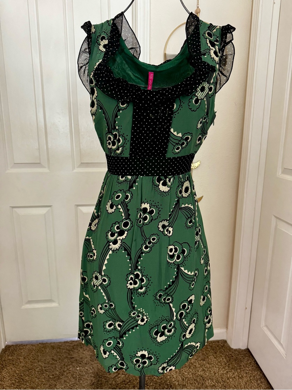 Fashion Spy Emerald Green Floral with Black & White Polka Dot Trim Dress